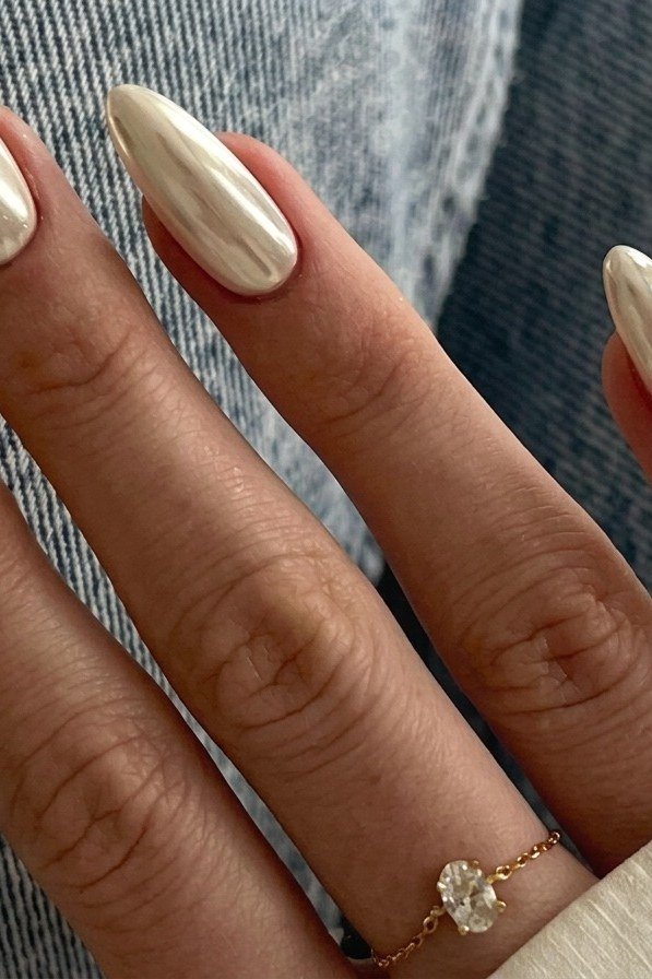 Champagne Gold Chrome Almond Nails - chrome nail designs for women over 60