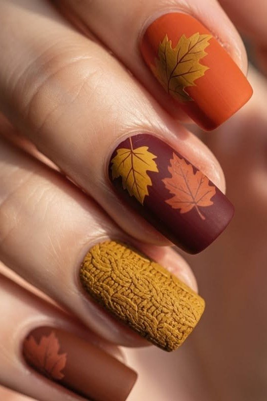 13. Burnt Orange and Burgundy Maple Leaf Nails - Thanksgiving nail art idea for women over 50