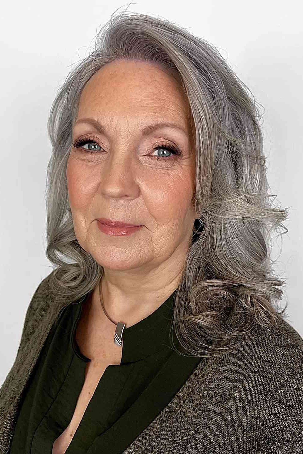 Grey Wavy Medium Cut with Natural Body, medium hairstyle for women over 70