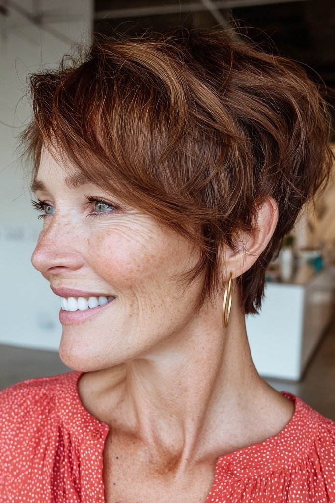 Auburn Shaggy Pixie - sassy hairstyle for older women