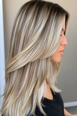 Very long straight ash-blonde hair with long layers for women over 50