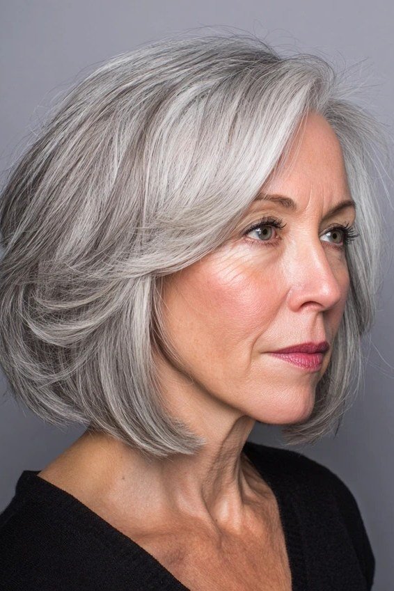 grey layered bob, 3/4 view — chin-length layered bob hairstyle for women over 50