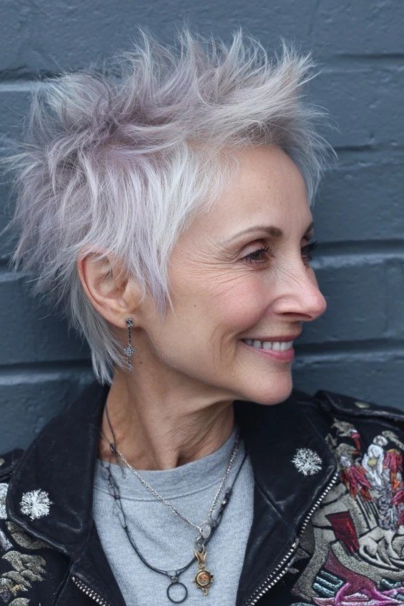 Street-Style Spiky White Pixie - bold edgy pixie haircut for women over 50
