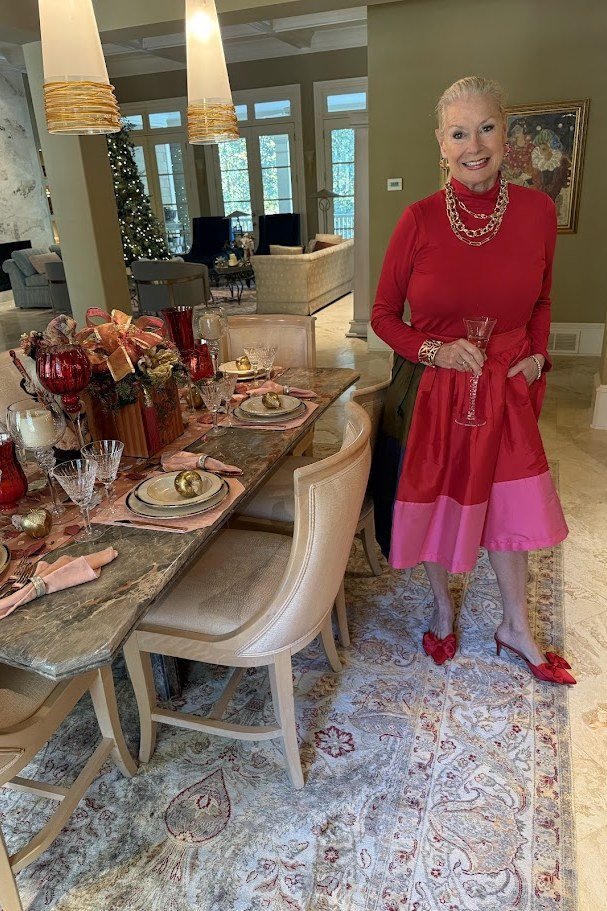holiday evening outfit for women over 60: red colorblock midi dress