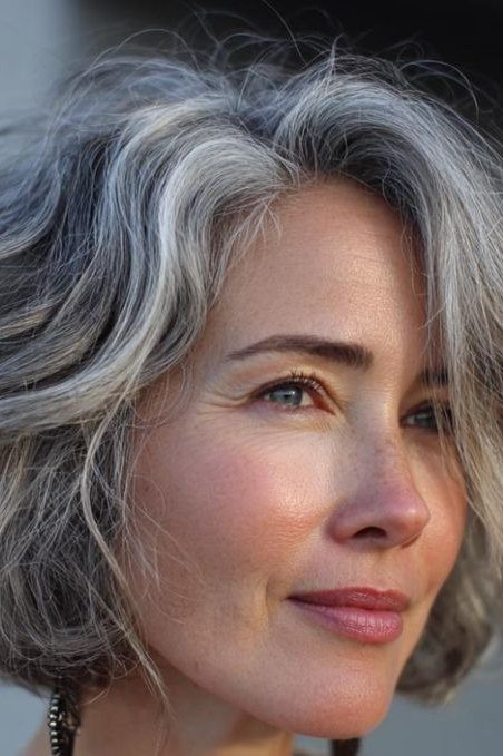 Soft silver wavy lob, three-quarter view, woman over 60