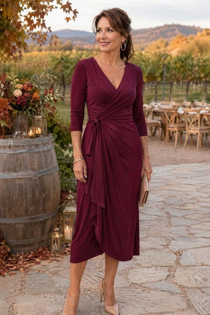 Burgundy wrap midi dress with 3/4 sleeves, winery - wedding guest outfit for women over 50