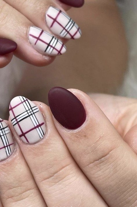 Burgundy and White Plaid Nail Mix, fun winter nail idea for women over 60