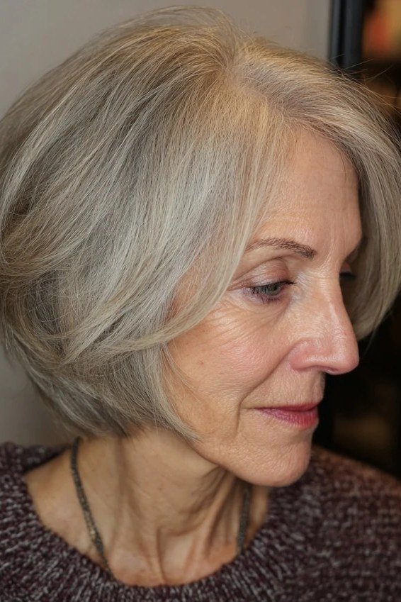 Grey bob with soft bangs for women over 60