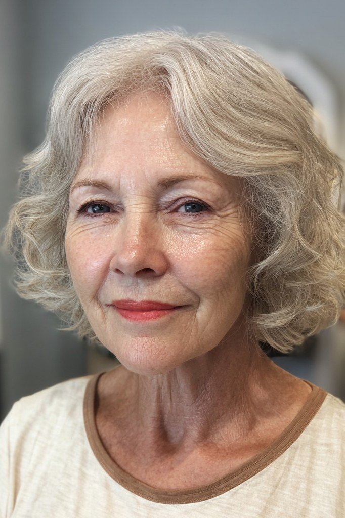 Soft Silver Wave Bob - short wavy bob hairstyle for women over 60