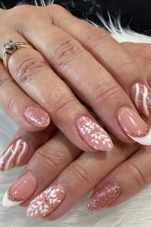 white and pink french with snowflake, almond