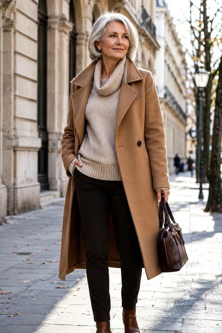 Effortlessly chic fall outfit for women over 60: camel coat over cream turtleneck and black trousers