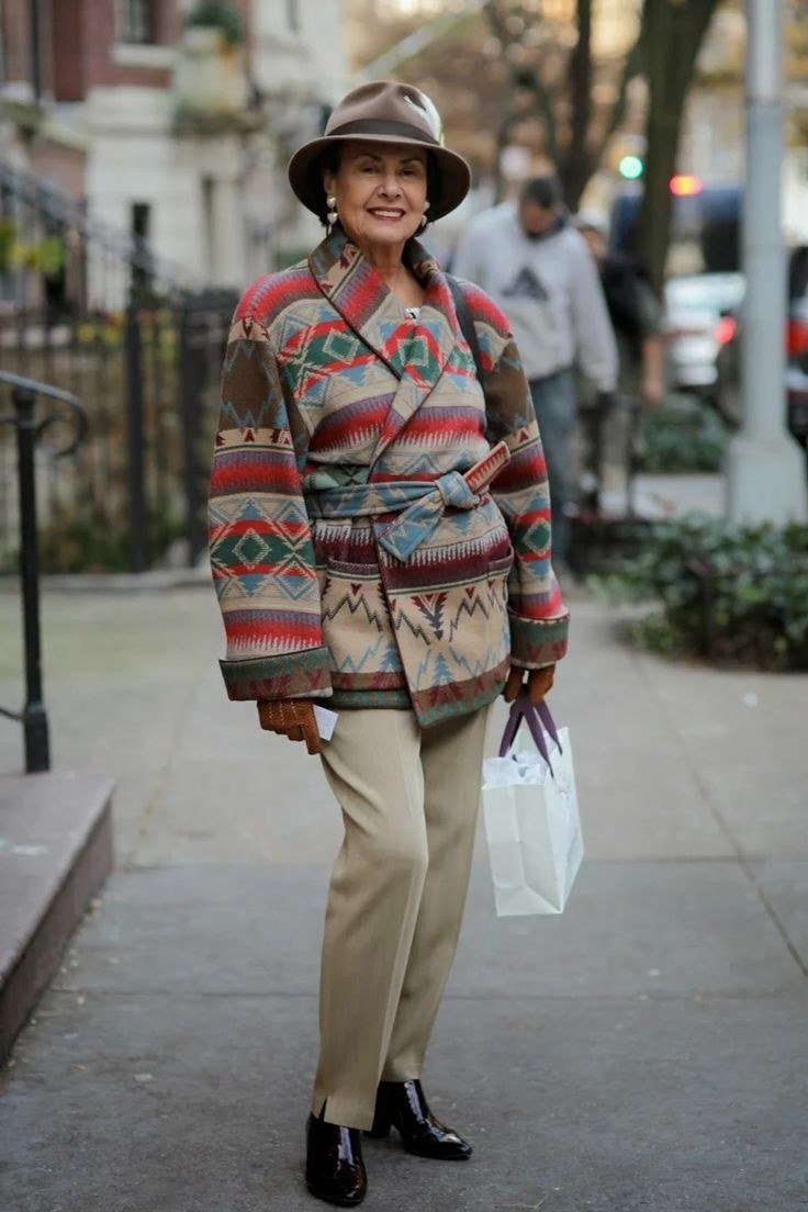 Elegant fall outfit for women over 70: colorful southwest jacket with hat