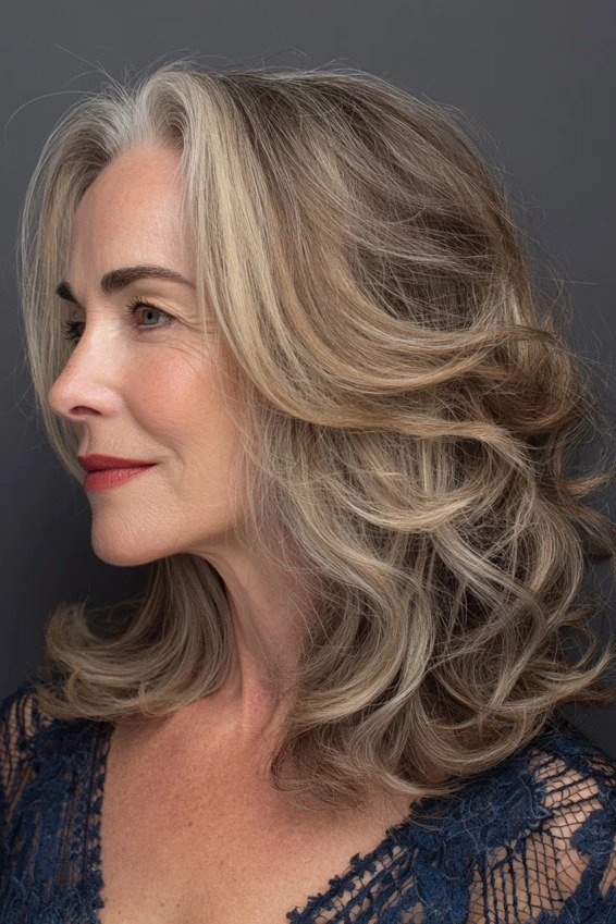 Loose blonde wavy layered medium-length hairstyle, side view, for women over 50