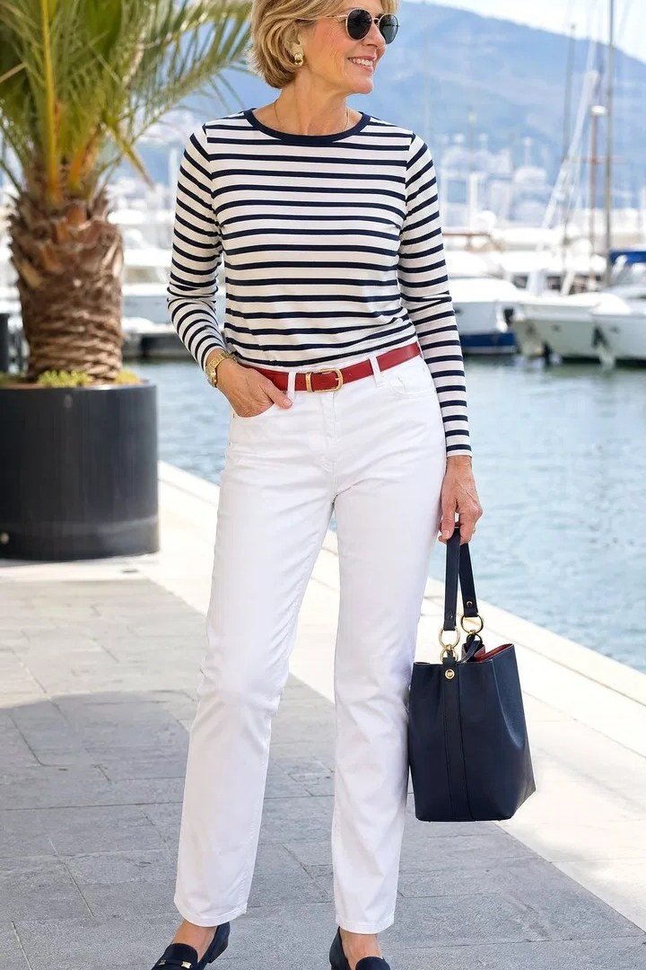 Breton Striped Top with White Jeans, classy outfit for women over 60