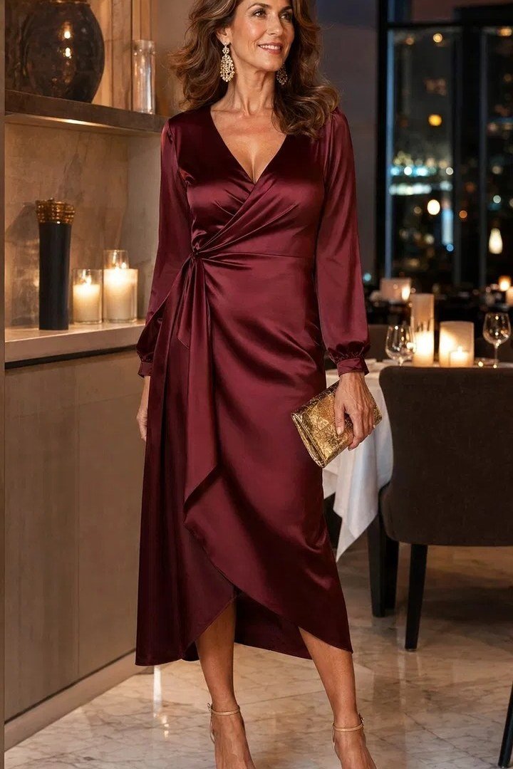Burgundy satin wrap midi dress, gold clutch, candlelit room, chic night out outfit for women over 50