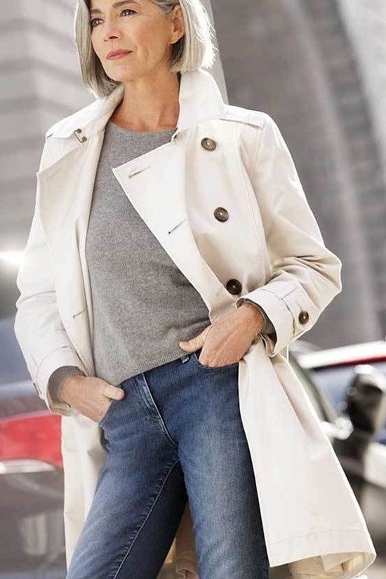 Cream Trench with a Grey Top - fall outfit idea for women over 50