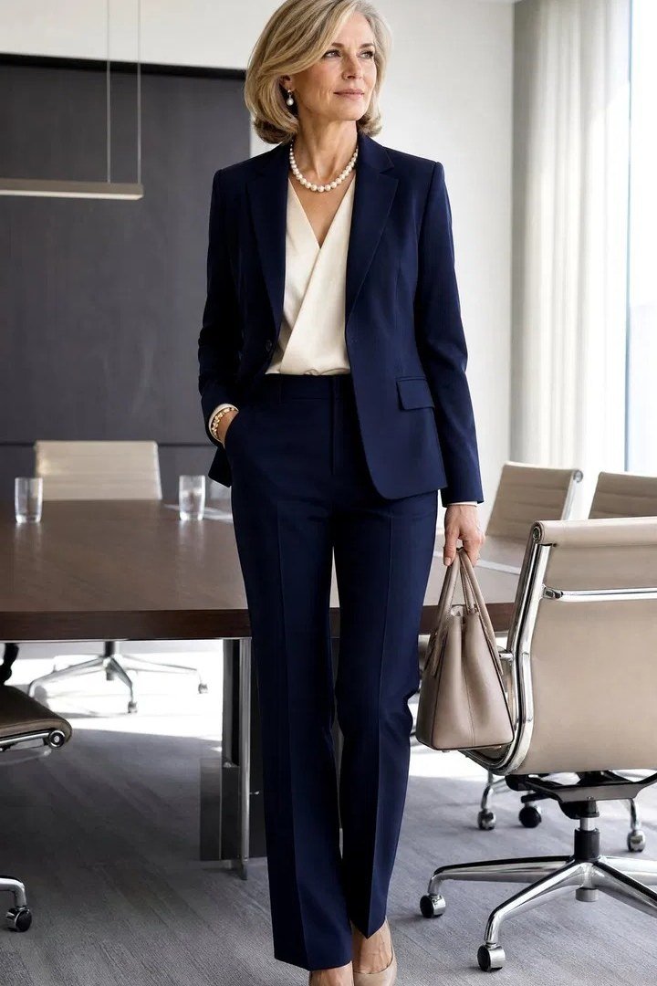 Navy Suit with Pearl Necklace - business outfit for women over 50