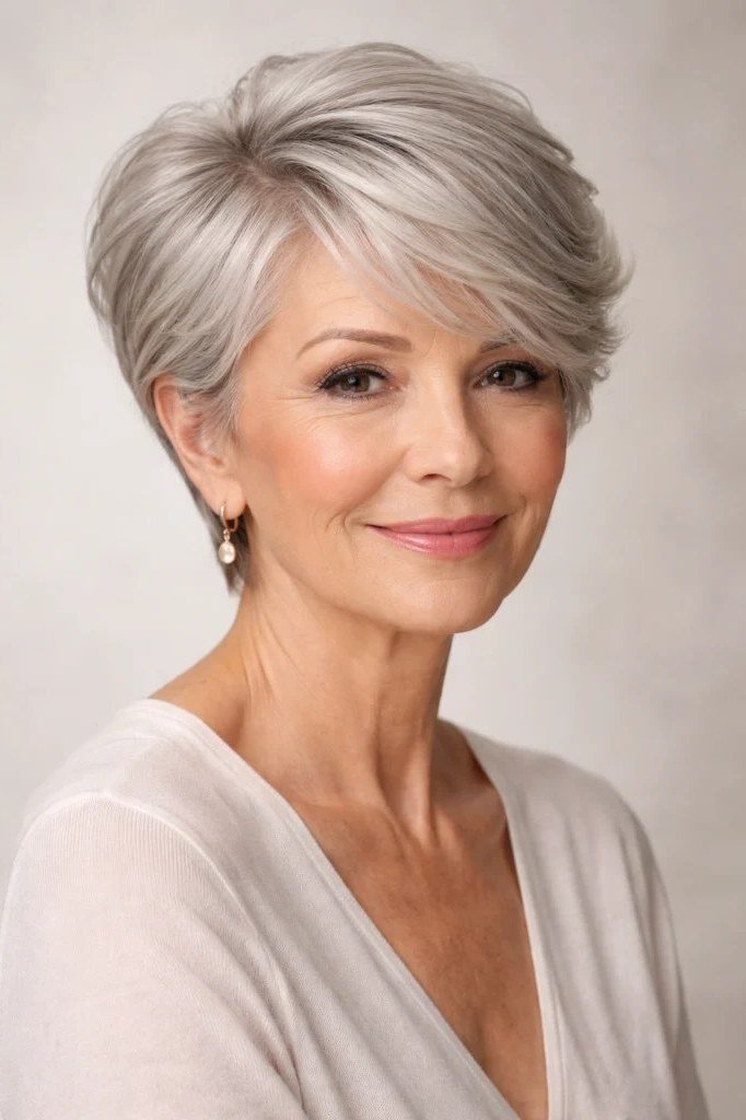 Softly Layered Silver Pixie - hairstyle for women over 70