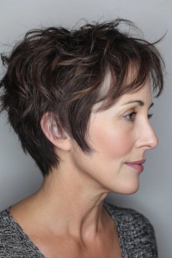 Dark brunette choppy pixie bob haircut for older women, side view