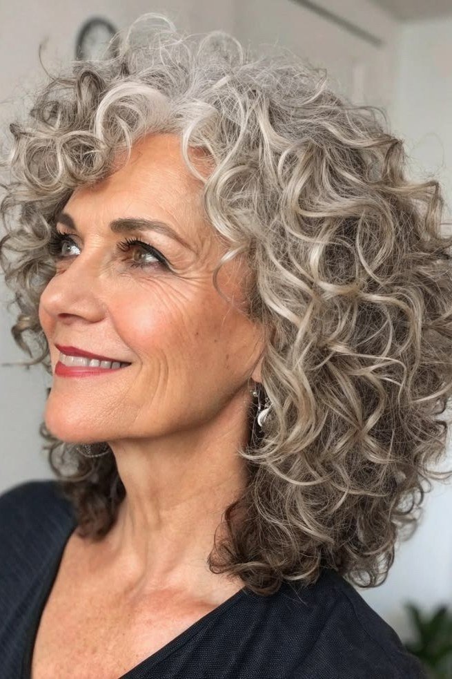 Silver curly bob, 3/4 view, smiling, classic hairstyle for women over 70