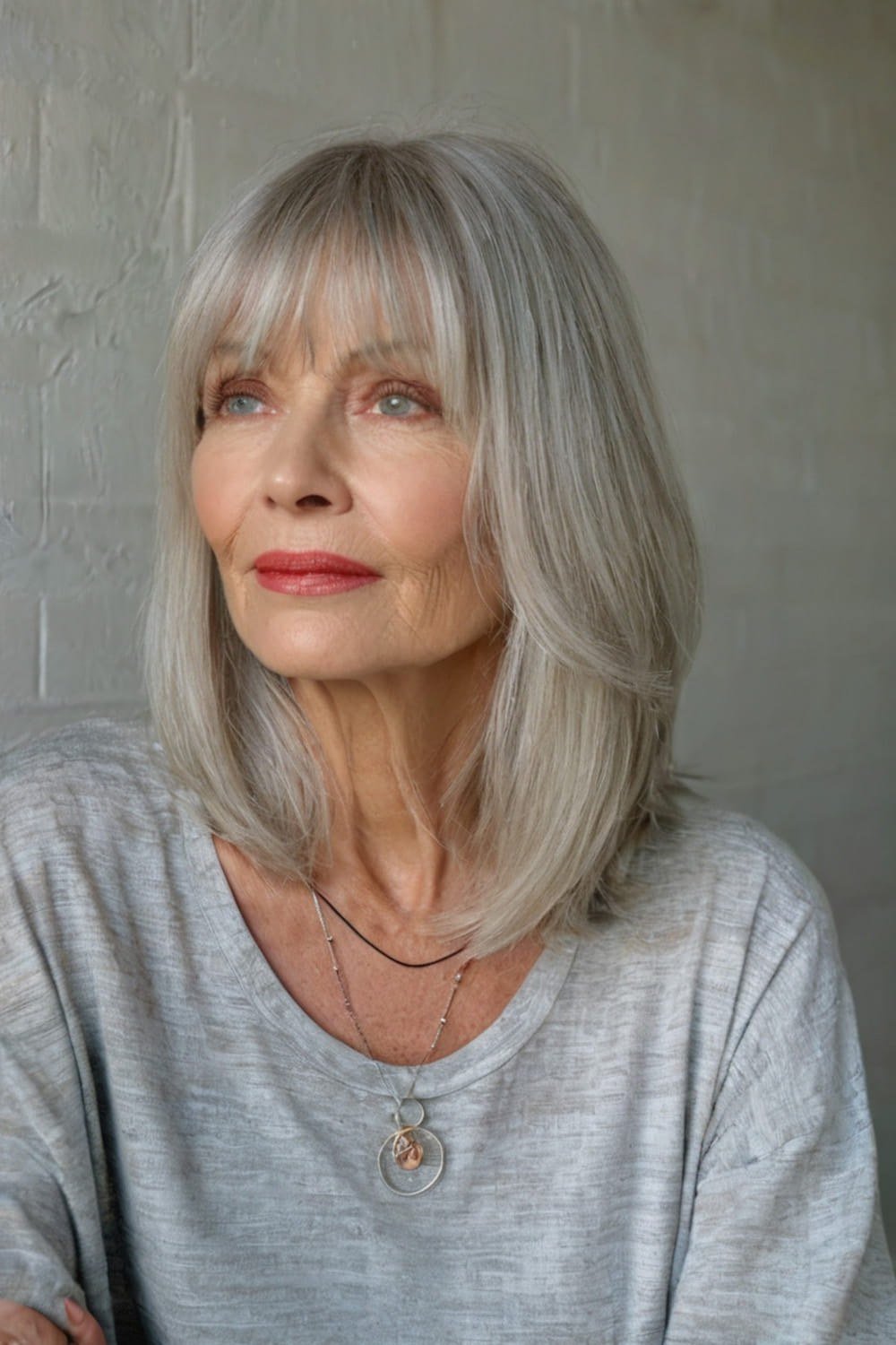 silver shoulder-length bob with bangs, front view hairstyle for women over 70