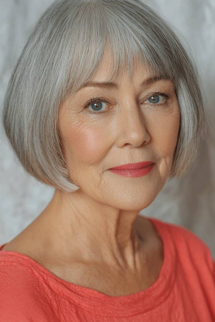 Grey Bob with Bangs - grey hairstyle for women over 60