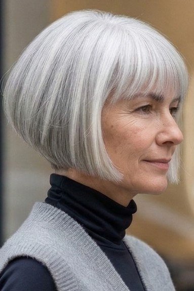 Classic blunt silver-white french bob with full bangs