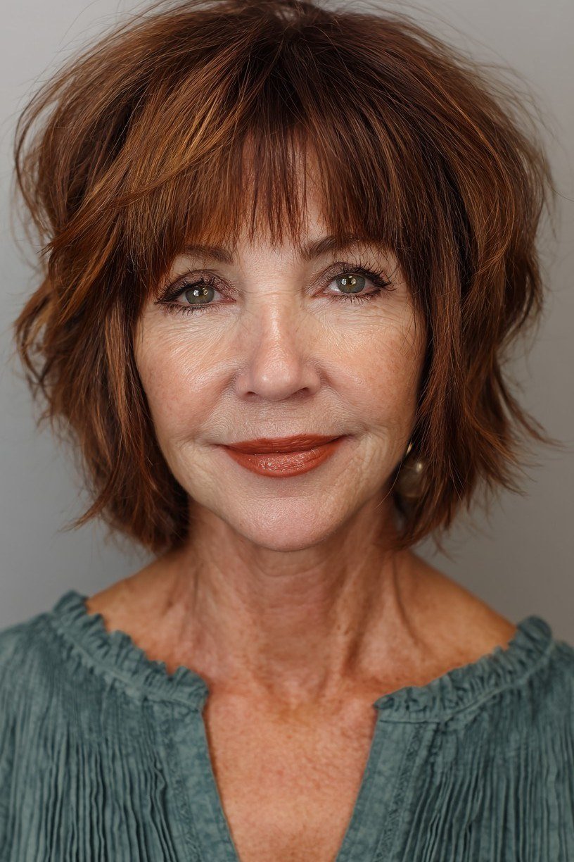 Auburn shaggy layered bob with full bangs, front view, auburn bob haircut for women over 50