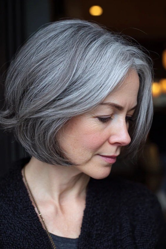 Polished Silver Bob - grey shoulder length hairstyle for women over 60