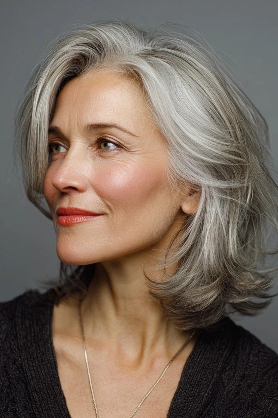 Silver lob with feathered bangs for women over 60