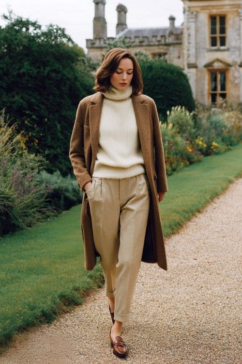 camel coat with cream turtleneck and beige trousers for women over 50