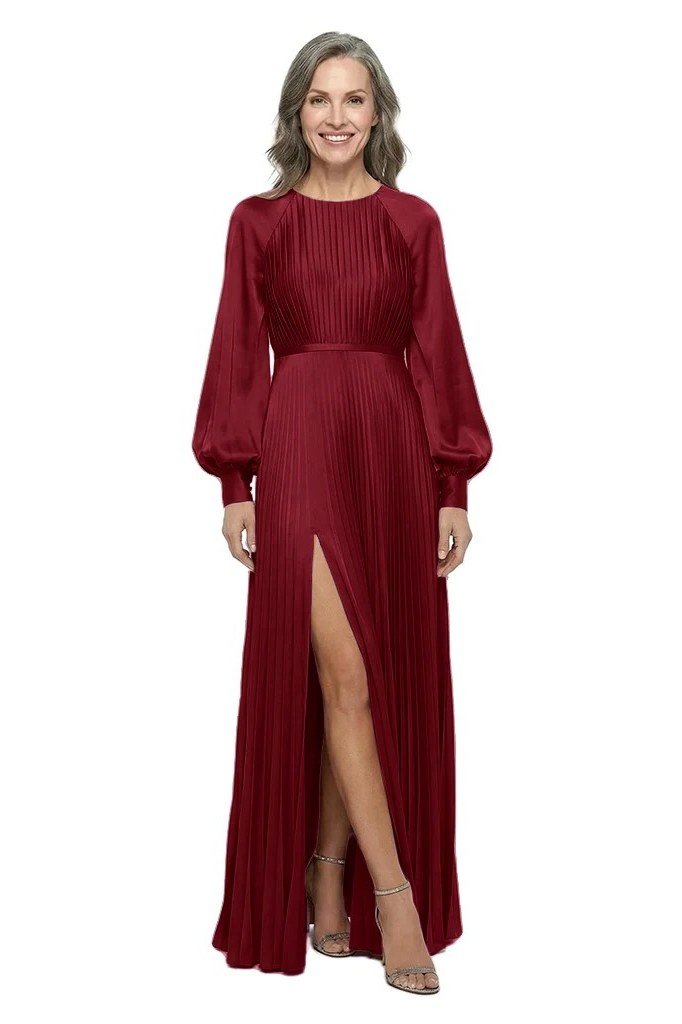 Wine-red pleated gown with high slit for women over 50, fall date night outfit