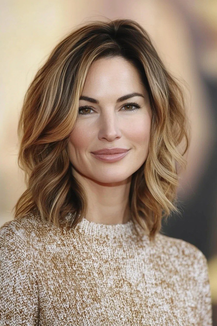 Brown wavy lob, front view - wispy hairstyle for women over 40