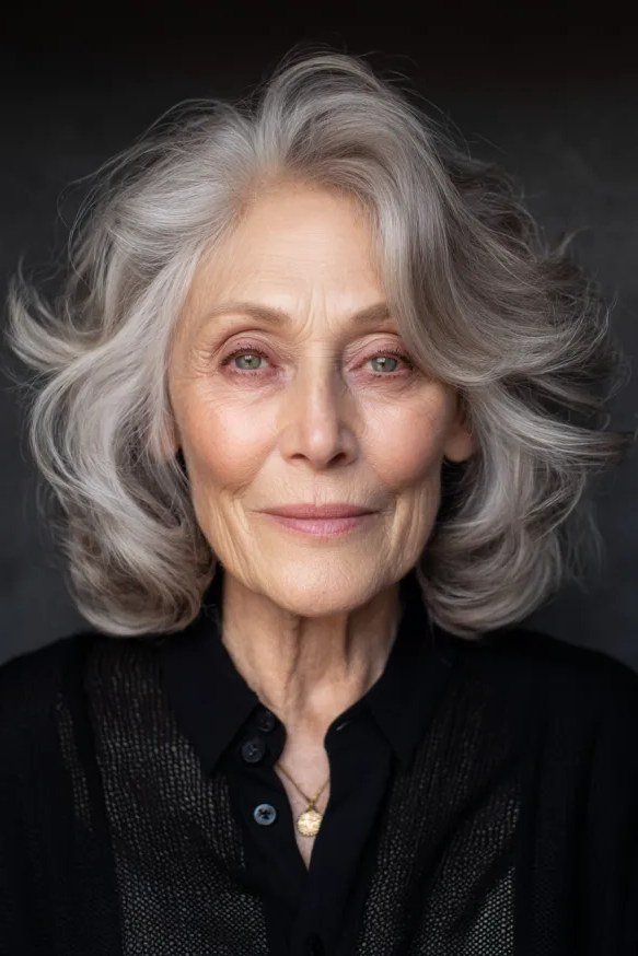 Wavy Grey Layered Bob, layered hairstyle for women over 70