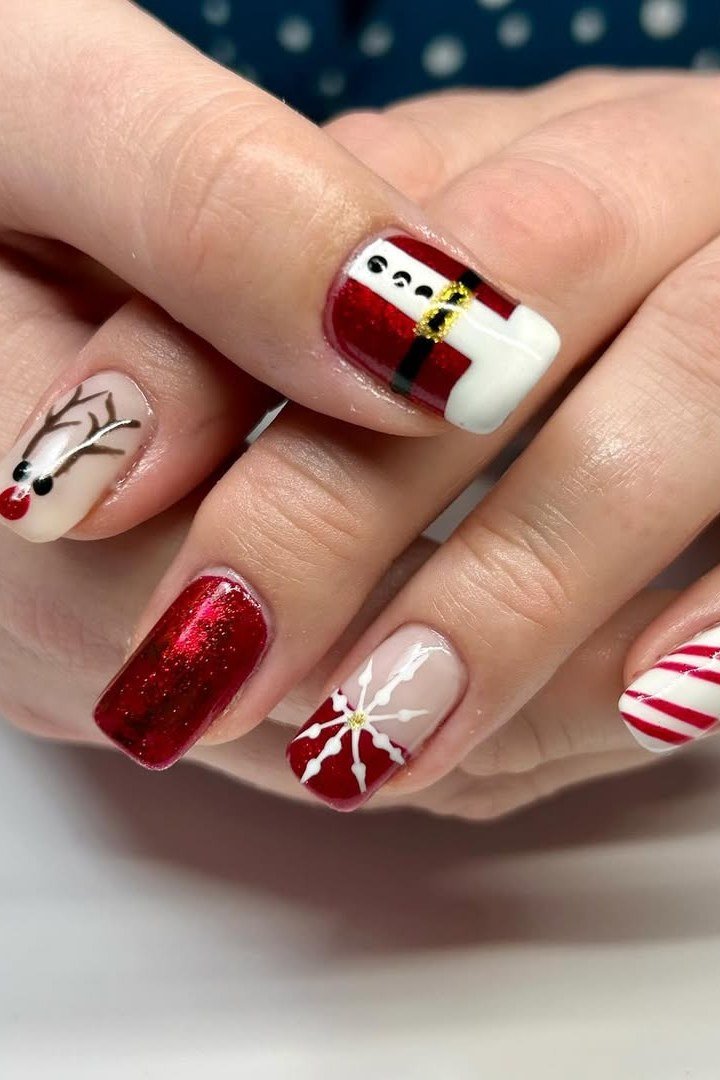 Santa face, reindeer and candy cane nail art mix - Christmas nail design for older women
