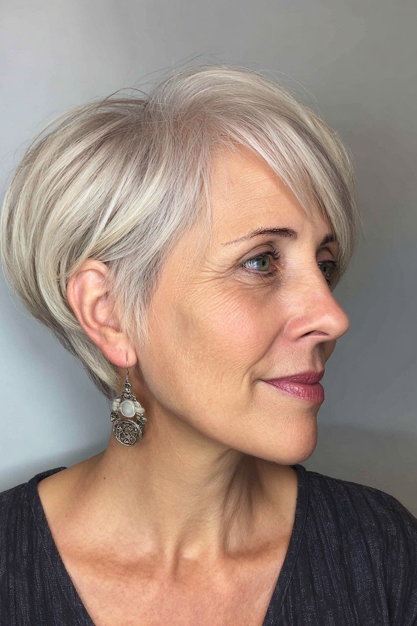 White tapered pixie cropped close at sides