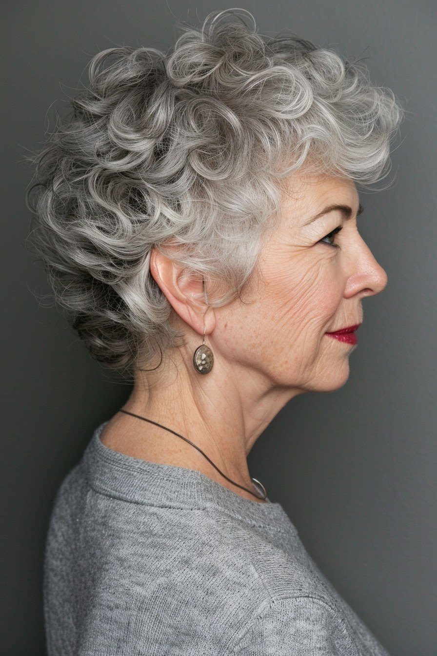 Neat grey curly bob haircut for mature women