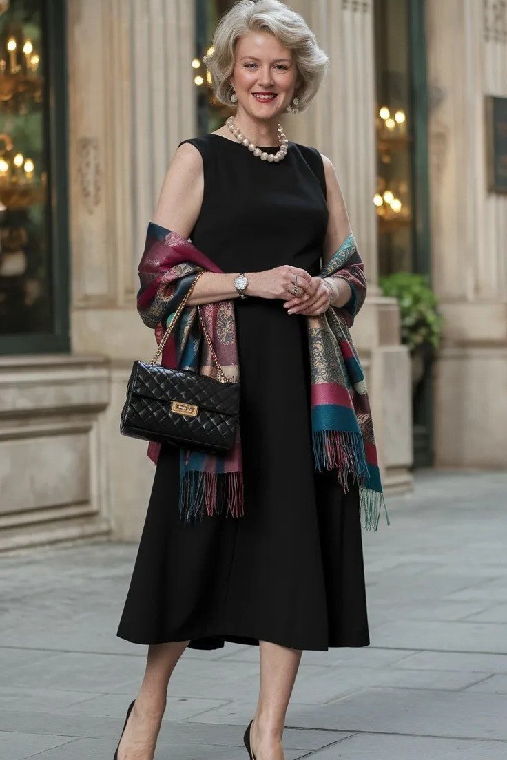Black Midi Sheath with Plaid Shawl - evening outfit for women over 60