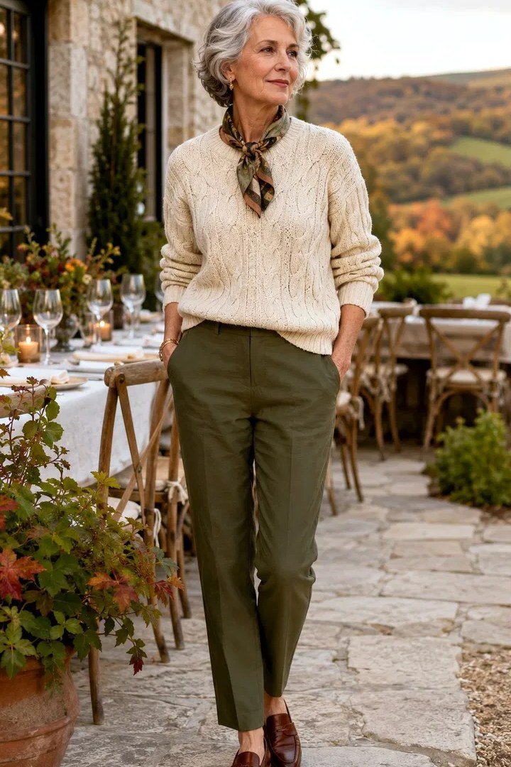 Cream Cable Sweater and Olive Trousers outfit for women over 70, chic style idea 14