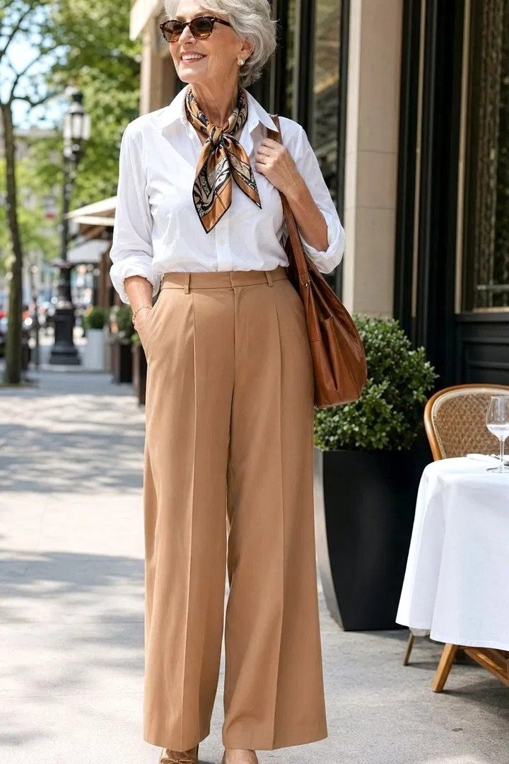 White shirt with camel wide leg trousers and scarf for older women