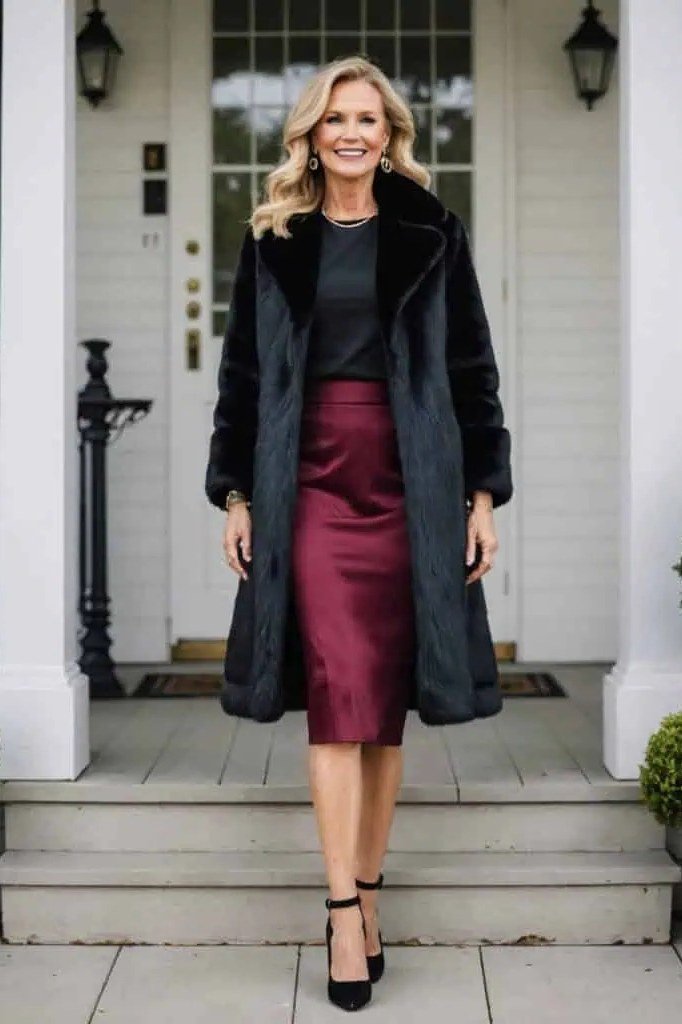 Black coat with burgundy satin midi skirt on a porch