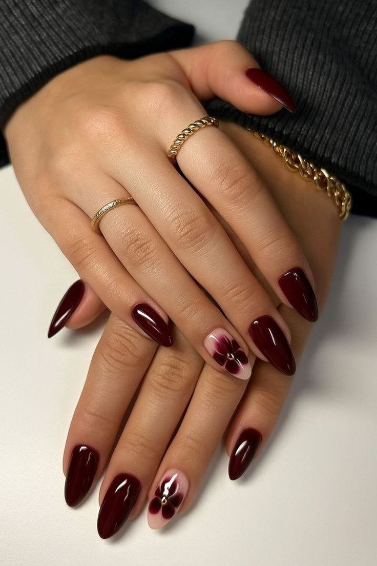 Classic solid deep burgundy almond nails for women over 50