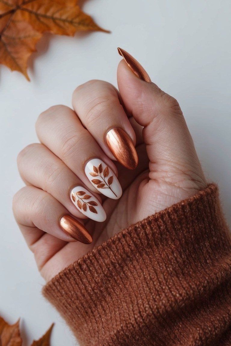 Copper french tips with leaf art on nude almond, elegant fall nail design for women over 40