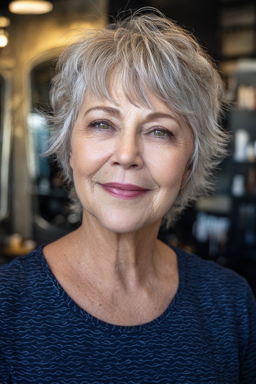 Grey pixie with feathered fringe - trendy short haircut for older women with fine hair