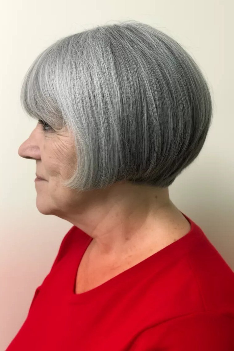 silver bob haircut with side bangs on mature woman