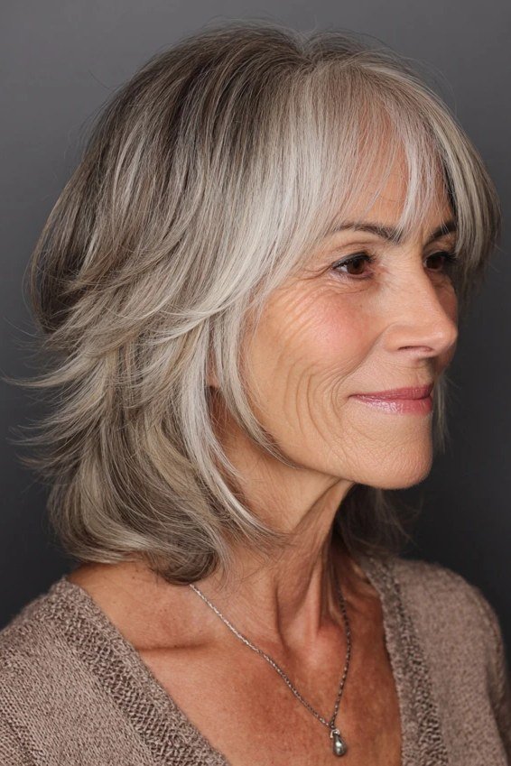 Grey layered lob, side view, woman in her 60s