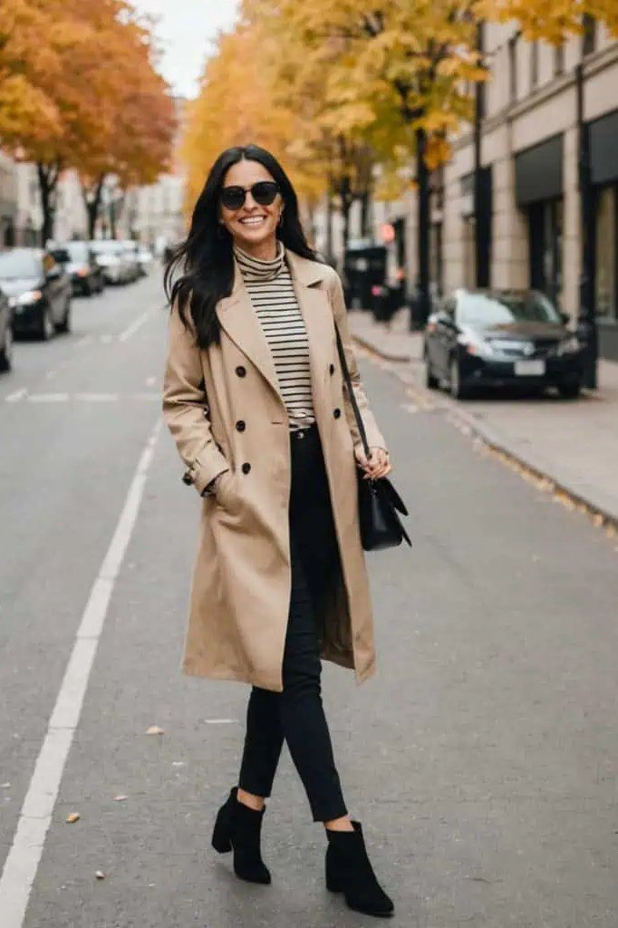 Tan trench coat with striped turtleneck black pants and booties, fall outfit for women over 40