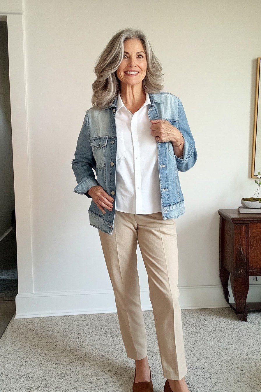 Light Denim Jacket With Tan Chinos - flattering outfit idea for women over 50, how to dress better over 50