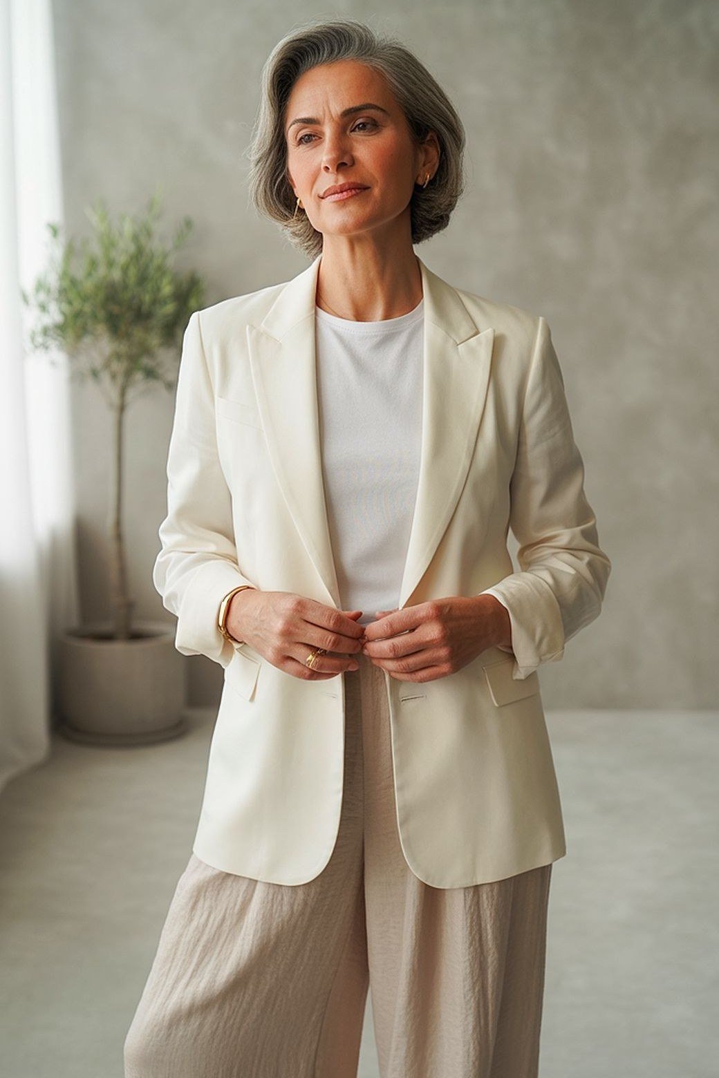Cream Blazer With Cream Pleated Wide-Leg Trousers, smart casual outfit for women over 50
