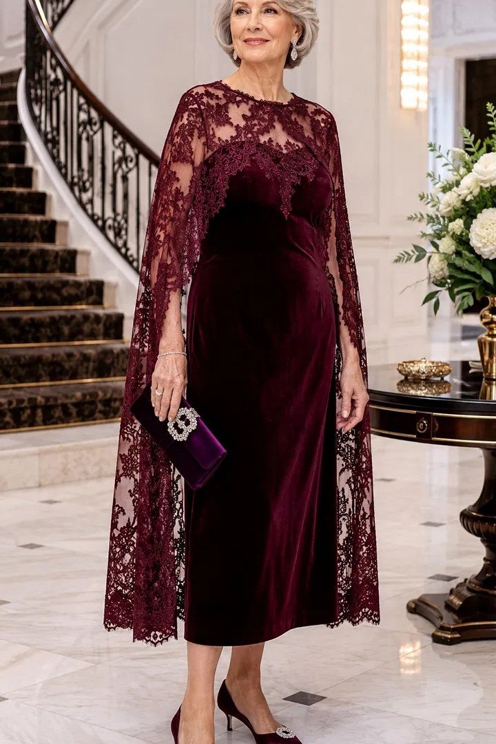 burgundy velvet gown with lace cape church outfit for women over 60